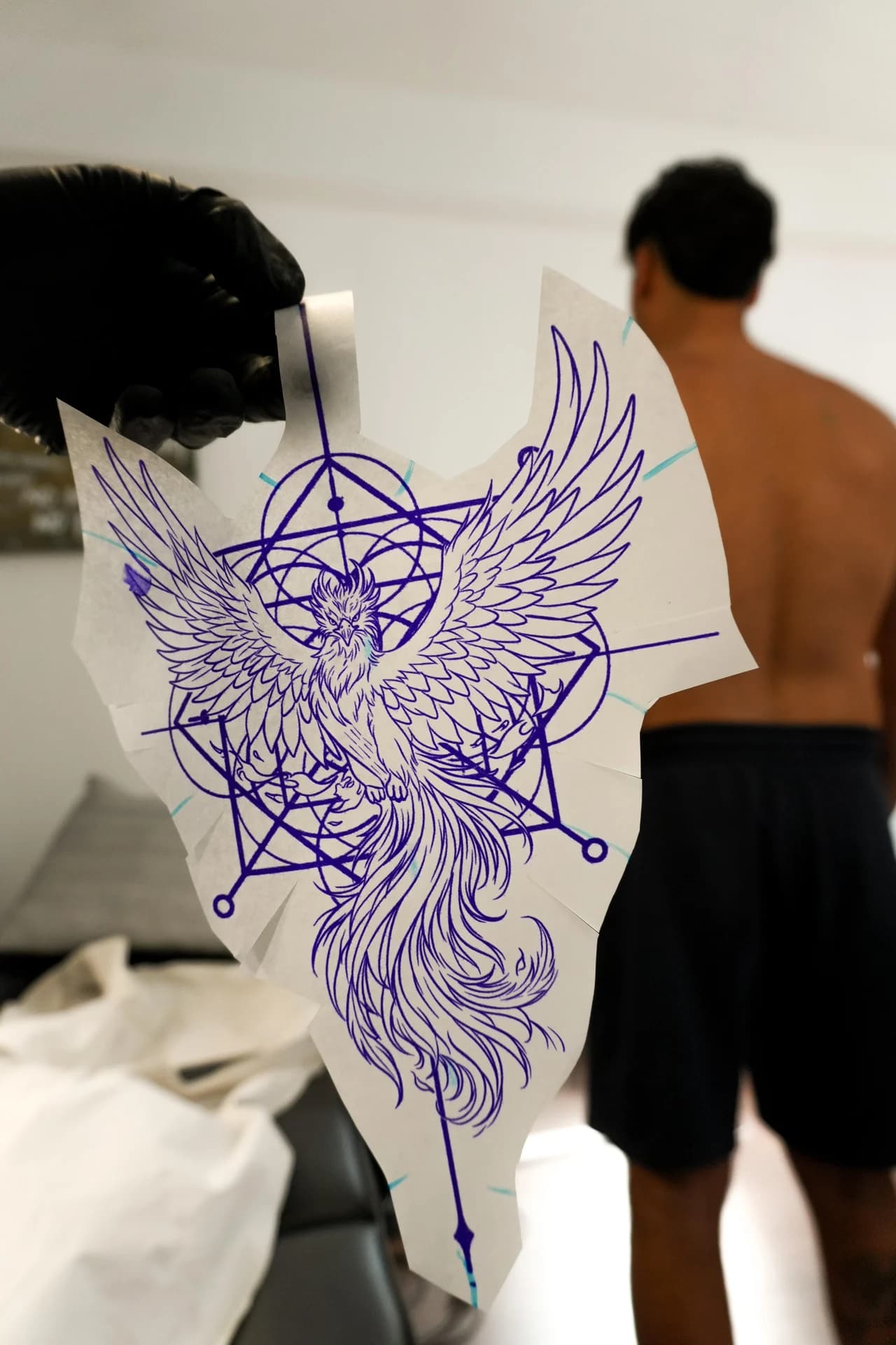 Stencil de uma fénix preparado para a tatuagem nas costas, com o cliente ao fundo.