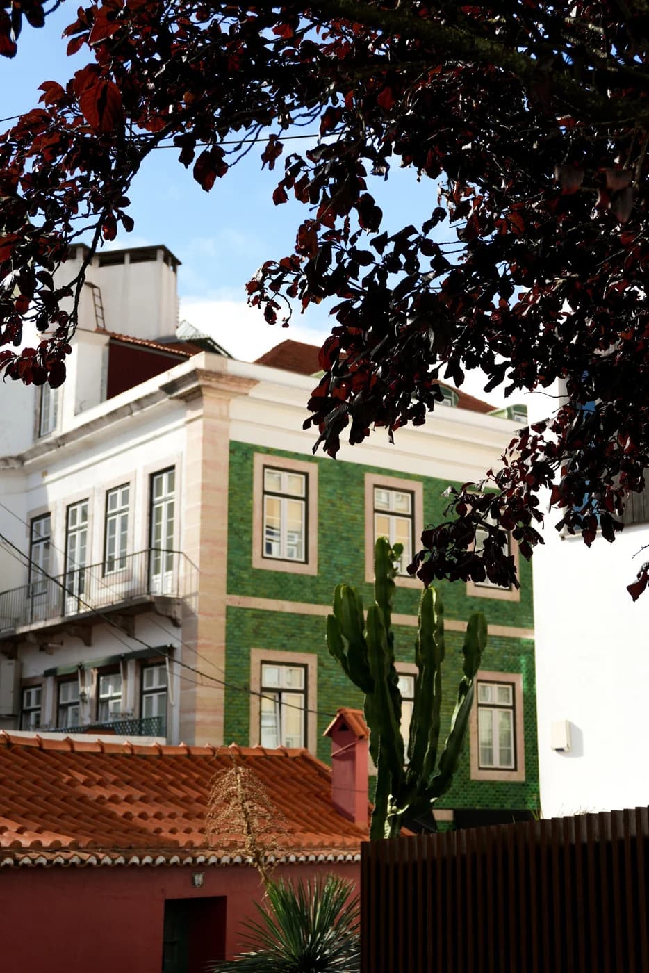 Fachada do edifício do AURUM no Príncipe Real, entre as árvores.